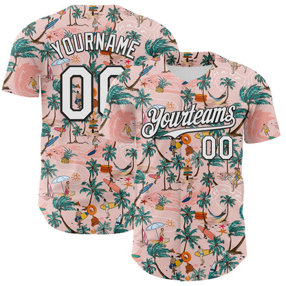 Custom Medium Pink White-Black 3D Hawaii Beach Tropical Palm Tree Surfing Authentic Baseball Jersey - Sky-Custom