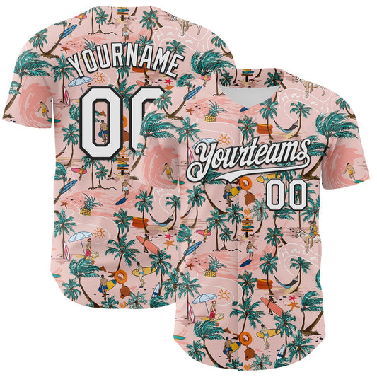 Custom Medium Pink White-Black 3D Hawaii Beach Tropical Palm Tree Surfing Authentic Baseball Jersey - Sky-Custom
