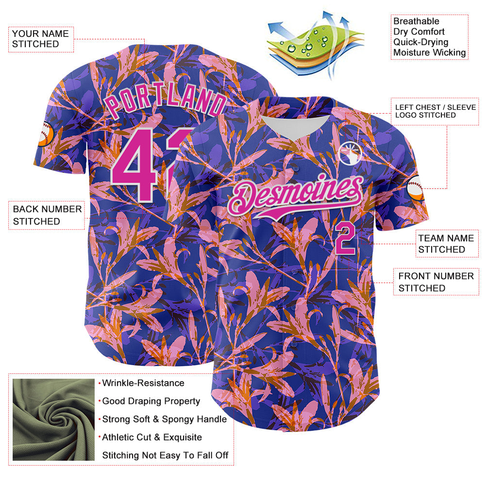 Custom Purple Deep Pink-White 3D Hawaii Tropical Flower Authentic Baseball Jersey - Sky-Custom