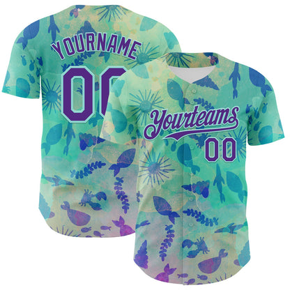 Custom Ice Blue Purple 3D Hawaii Tropical Marine Creature Authentic Baseball Jersey - Sky-Custom