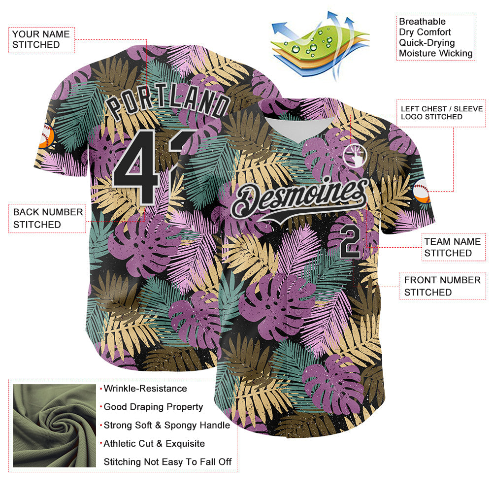 Custom Black White 3D Hawaii Tropical Palm Leaves Authentic Baseball Jersey - Sky-Custom