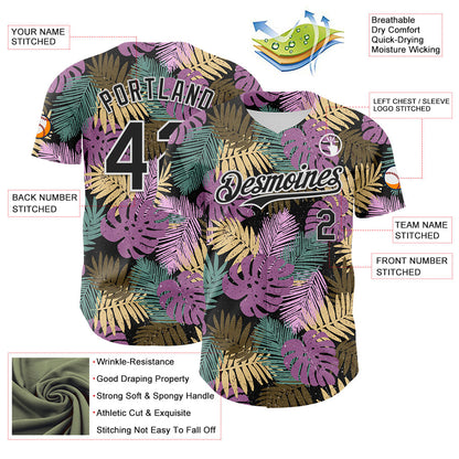 Custom Black White 3D Hawaii Tropical Palm Leaves Authentic Baseball Jersey - Sky-Custom