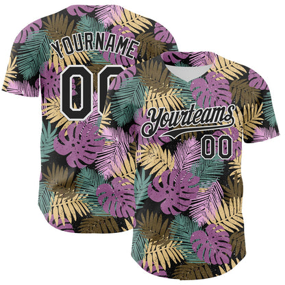 Custom Black White 3D Hawaii Tropical Palm Leaves Authentic Baseball Jersey - Sky-Custom
