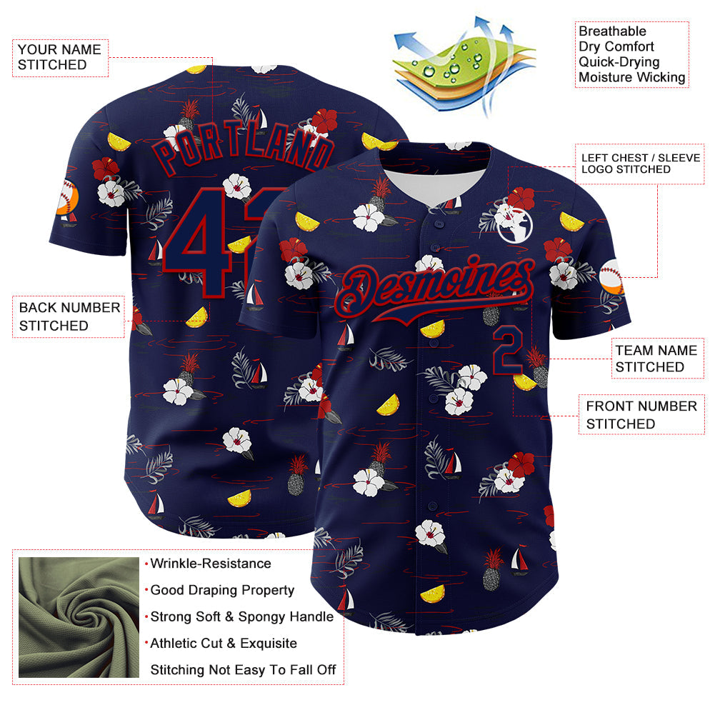 Custom Navy Red 3D Hawaii Tropical Leaves And Flowers Authentic Baseball Jersey - Sky-Custom