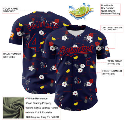 Custom Navy Red 3D Hawaii Tropical Leaves And Flowers Authentic Baseball Jersey - Sky-Custom