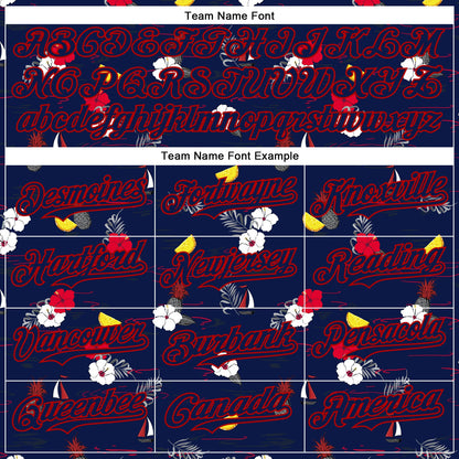 Custom Navy Red 3D Hawaii Tropical Leaves And Flowers Authentic Baseball Jersey - Sky-Custom
