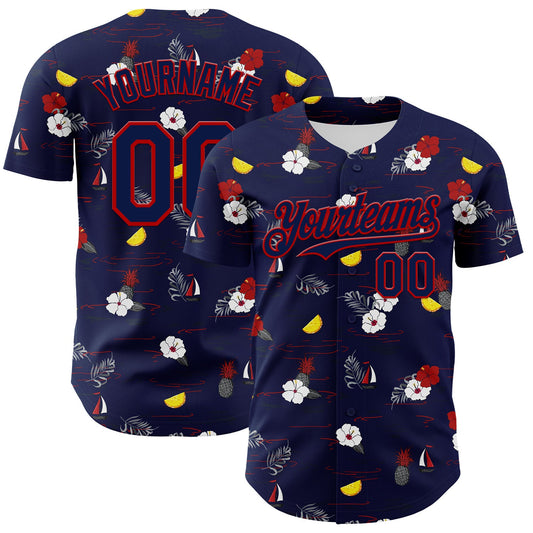 Custom Navy Red 3D Hawaii Tropical Leaves And Flowers Authentic Baseball Jersey - Sky-Custom