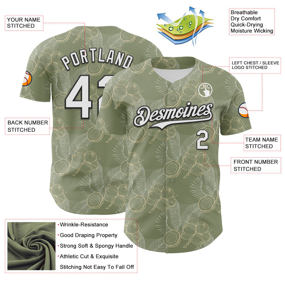 Custom Olive White-Black 3D Hawaii Tropical Coconut Tree Authentic Baseball Jersey - Sky-Custom