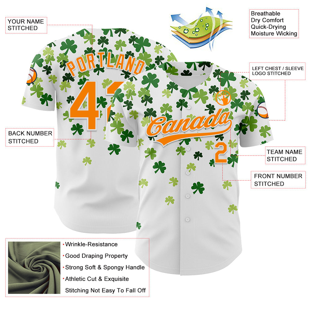 Custom White Bay Orange-Green 3D St. Patrick's Day Shamrock Authentic Baseball Jersey - Sky-Custom
