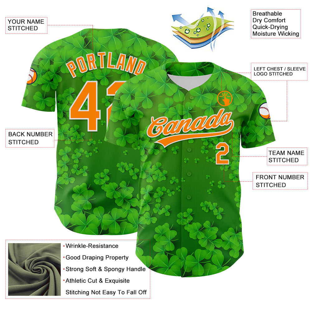 Custom Green Bay Orange-White 3D St. Patrick's Day Shamrock Authentic Baseball Jersey - Sky-Custom