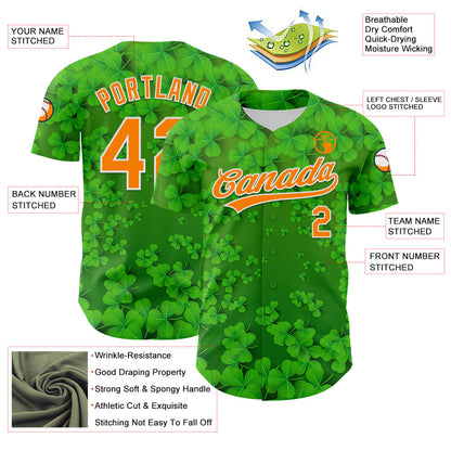 Custom Green Bay Orange-White 3D St. Patrick's Day Shamrock Authentic Baseball Jersey - Sky-Custom