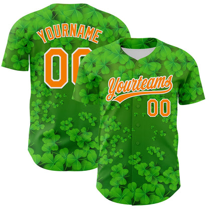 Custom Green Bay Orange-White 3D St. Patrick's Day Shamrock Authentic Baseball Jersey - Sky-Custom