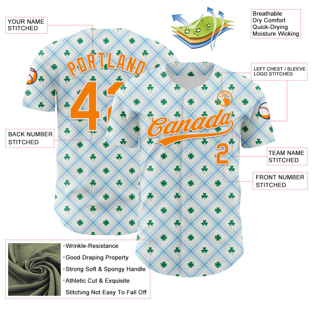 Custom White Bay Orange-Green 3D St. Patrick's Day Shamrock Authentic Baseball Jersey - Sky-Custom