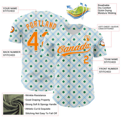 Custom White Bay Orange-Green 3D St. Patrick's Day Shamrock Authentic Baseball Jersey - Sky-Custom