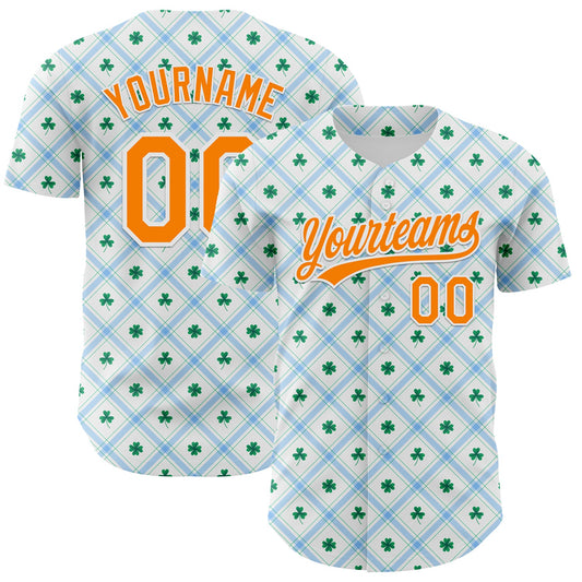 Custom White Bay Orange-Green 3D St. Patrick's Day Shamrock Authentic Baseball Jersey - Sky-Custom