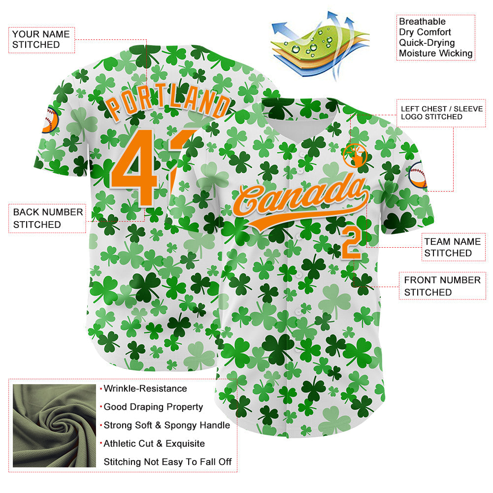 Custom White Bay Orange-Green 3D St. Patrick's Day Shamrock Authentic Baseball Jersey - Sky-Custom