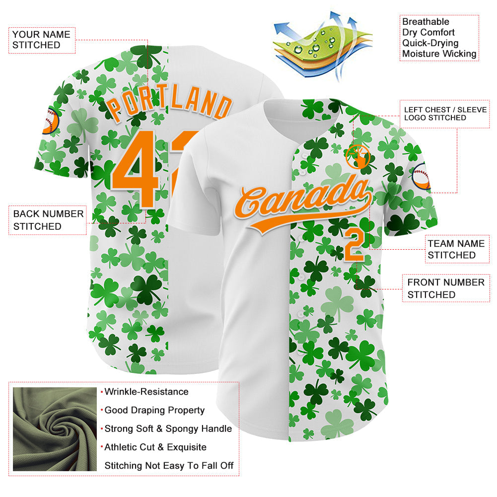 Custom White Bay Orange-Green 3D St. Patrick's Day Shamrock Authentic Baseball Jersey - Sky-Custom