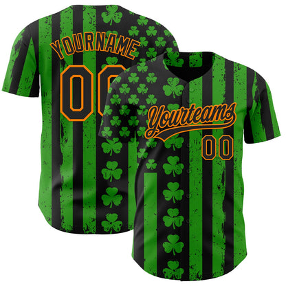 Custom Green Black-Bay Orange 3D St. Patrick's Day Shamrock Authentic Baseball Jersey - Sky-Custom
