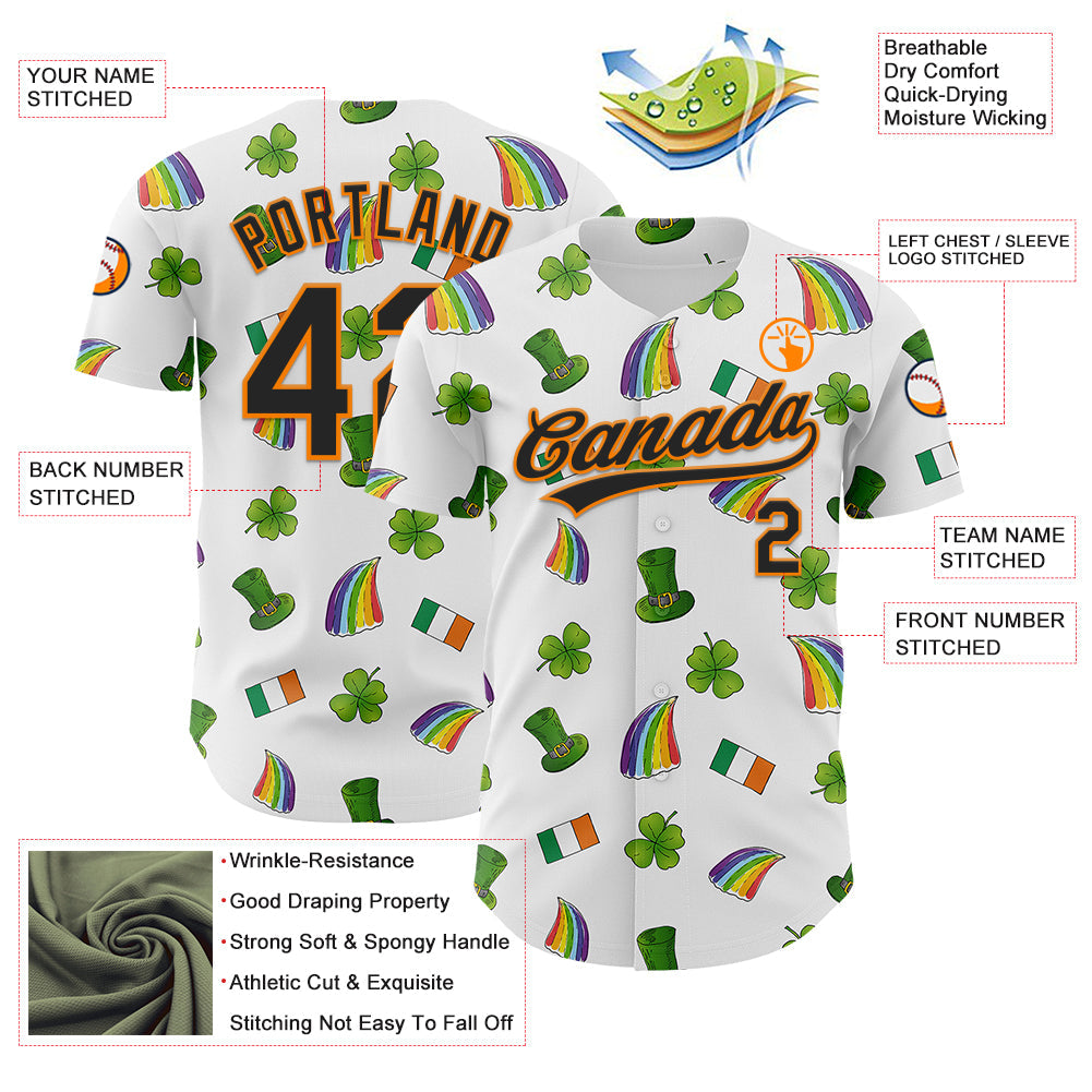 Custom White Black Bay Orange-Green 3D St. Patrick's Day Shamrock Authentic Baseball Jersey - Sky-Custom