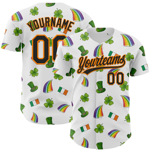 Custom White Black Bay Orange-Green 3D St. Patrick's Day Shamrock Authentic Baseball Jersey - Sky-Custom