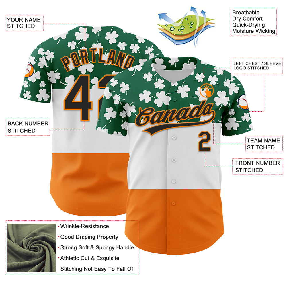 Custom Kelly Green Black-Bay Orange 3D St. Patrick's Day Shamrock Authentic Baseball Jersey - Sky-Custom