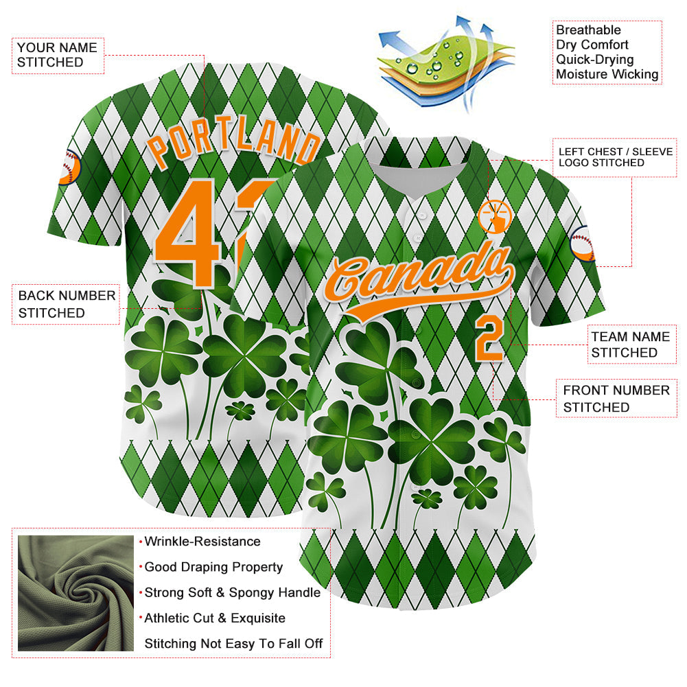 Custom White Bay Orange-Green 3D St. Patrick's Day Shamrock Authentic Baseball Jersey - Sky-Custom