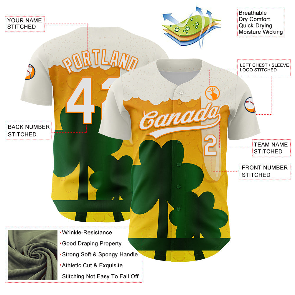 Custom White Bay Orange-Green 3D St. Patrick's Day Shamrock Beer Authentic Baseball Jersey - Sky-Custom