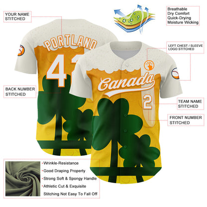 Custom White Bay Orange-Green 3D St. Patrick's Day Shamrock Beer Authentic Baseball Jersey - Sky-Custom