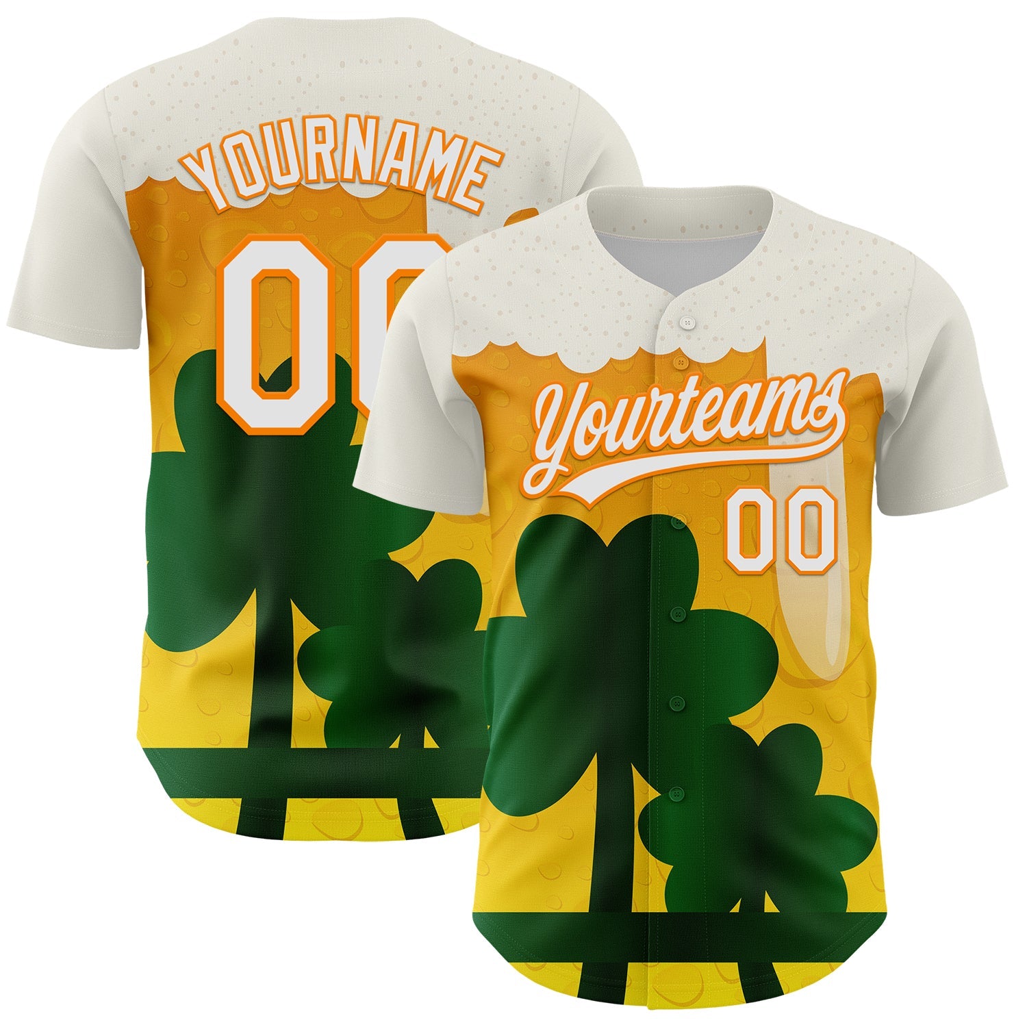 Custom White Bay Orange-Green 3D St. Patrick's Day Shamrock Beer Authentic Baseball Jersey - Sky-Custom