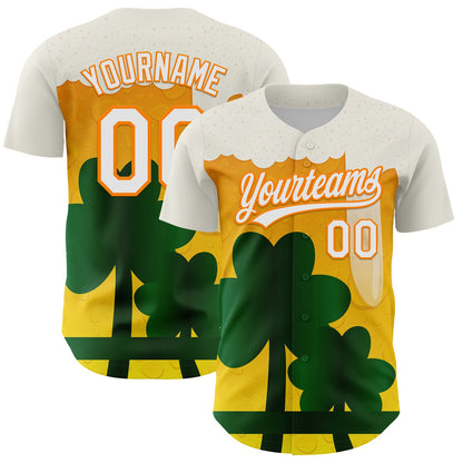 Custom White Bay Orange-Green 3D St. Patrick's Day Shamrock Beer Authentic Baseball Jersey - Sky-Custom
