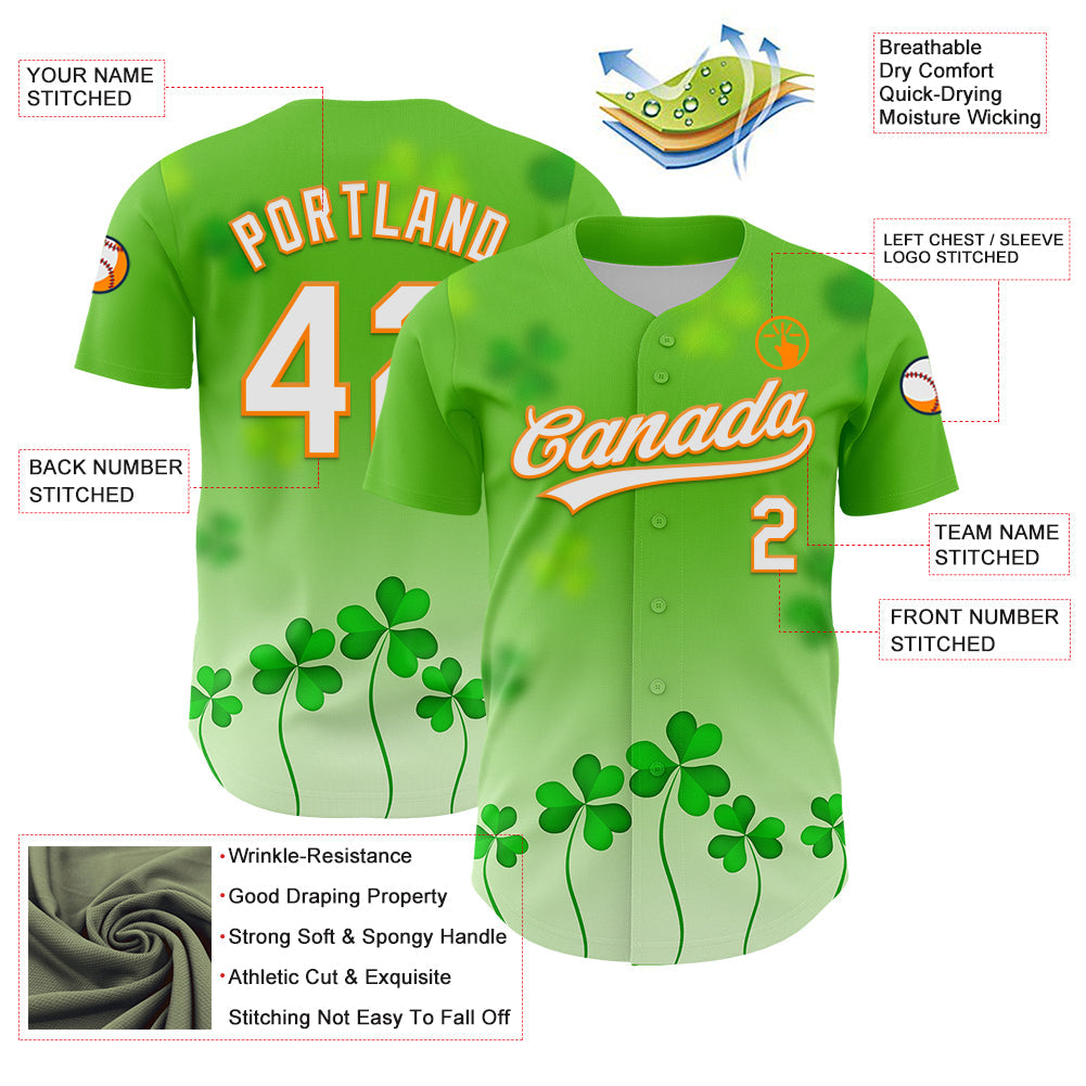 Custom Green White-Bay Orange 3D St. Patrick's Day Shamrock Authentic Baseball Jersey - Sky-Custom