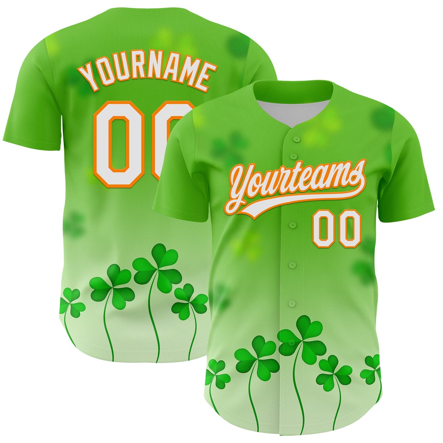 Custom Green White-Bay Orange 3D St. Patrick's Day Shamrock Authentic Baseball Jersey - Sky-Custom