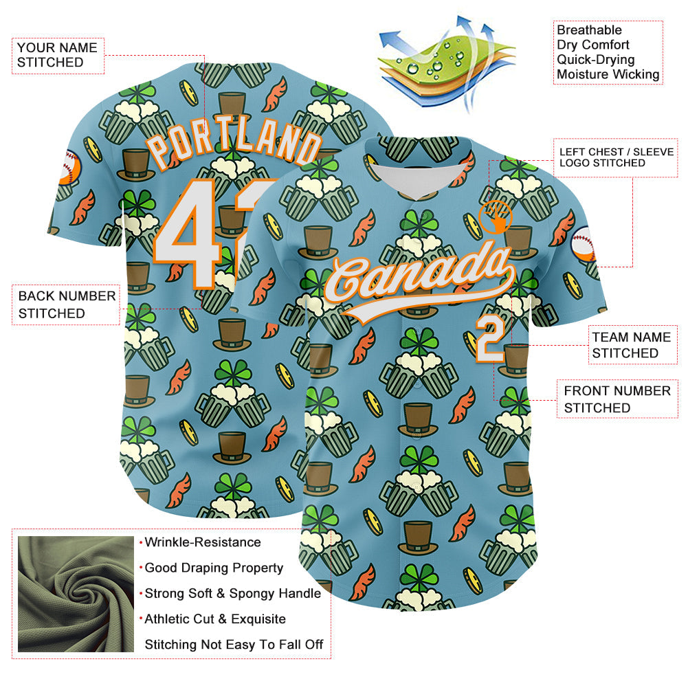 Custom Shadow Blue White-Bay Orange 3D St. Patrick's Day Shamrock Beer Authentic Baseball Jersey - Sky-Custom