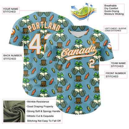 Custom Shadow Blue White-Bay Orange 3D St. Patrick's Day Shamrock Beer Authentic Baseball Jersey - Sky-Custom