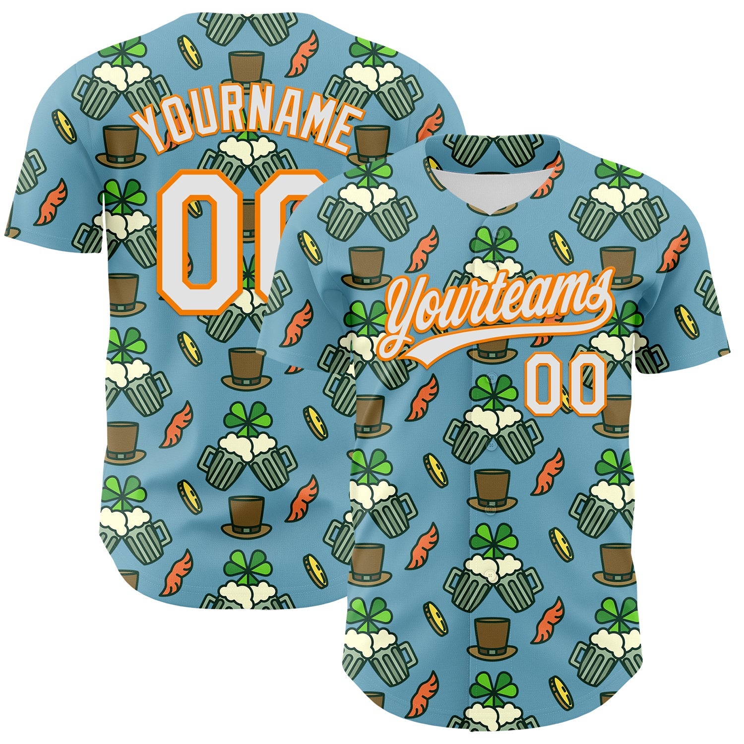 Custom Shadow Blue White-Bay Orange 3D St. Patrick's Day Shamrock Beer Authentic Baseball Jersey - Sky-Custom