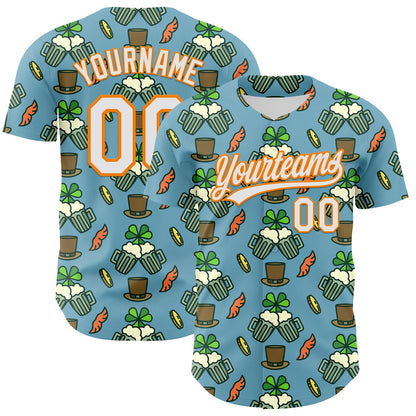 Custom Shadow Blue White-Bay Orange 3D St. Patrick's Day Shamrock Beer Authentic Baseball Jersey - Sky-Custom