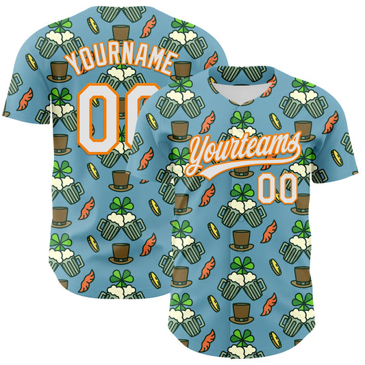 Custom Shadow Blue White-Bay Orange 3D St. Patrick's Day Shamrock Beer Authentic Baseball Jersey - Sky-Custom
