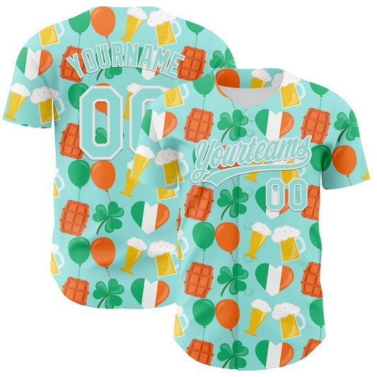 Custom Ice Blue White-Green 3D St. Patrick's Day Shamrock Beer Authentic Baseball Jersey - Sky-Custom