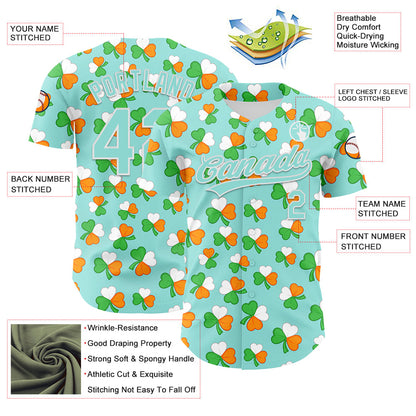 Custom Ice Blue Green-Bay Orange 3D St. Patrick's Day Shamrock Authentic Baseball Jersey - Sky-Custom