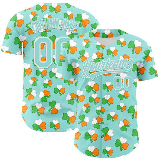 Custom Ice Blue Green-Bay Orange 3D St. Patrick's Day Shamrock Authentic Baseball Jersey - Sky-Custom