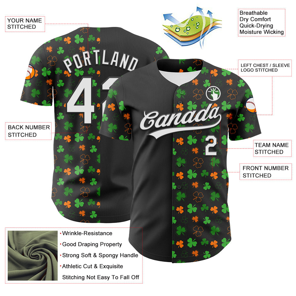 Custom Black Green-Bay Orange 3D St. Patrick's Day Shamrock Authentic Baseball Jersey - Sky-Custom