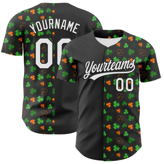 Custom Black Green-Bay Orange 3D St. Patrick's Day Shamrock Authentic Baseball Jersey - Sky-Custom