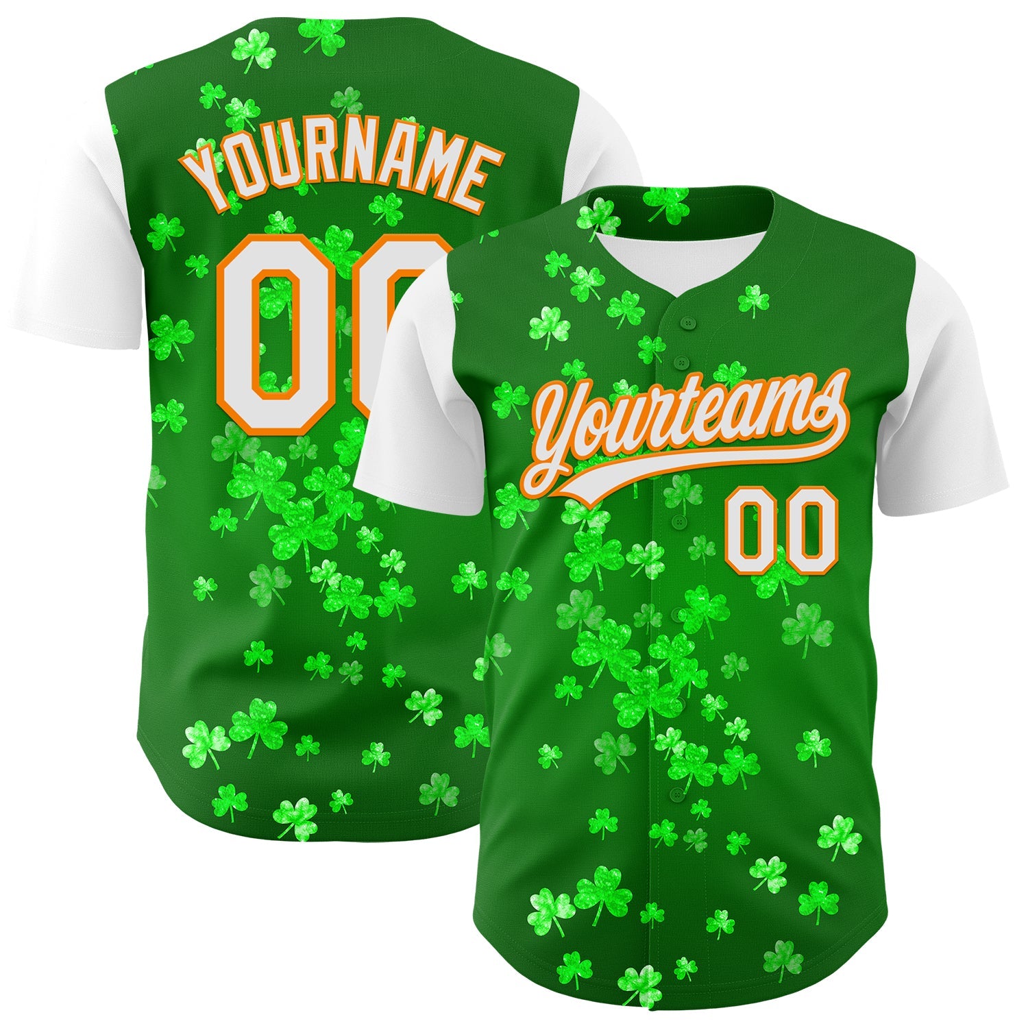 Custom Green White-Bay Orange 3D St. Patrick's Day Shamrock Authentic Baseball Jersey - Sky-Custom