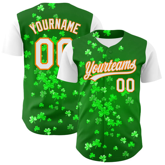 Custom Green White-Bay Orange 3D St. Patrick's Day Shamrock Authentic Baseball Jersey - Sky-Custom