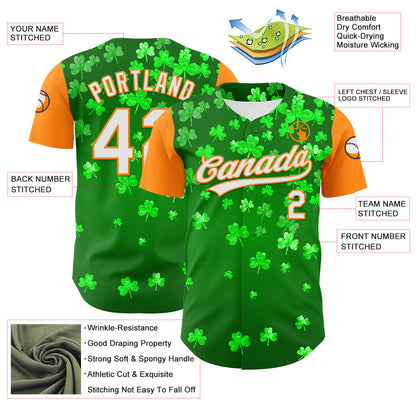 Custom Green White-Bay Orange 3D St. Patrick's Day Shamrock Authentic Baseball Jersey - Sky-Custom