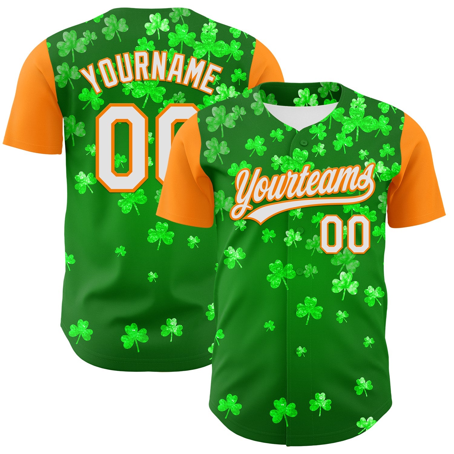 Custom Green White-Bay Orange 3D St. Patrick's Day Shamrock Authentic Baseball Jersey - Sky-Custom
