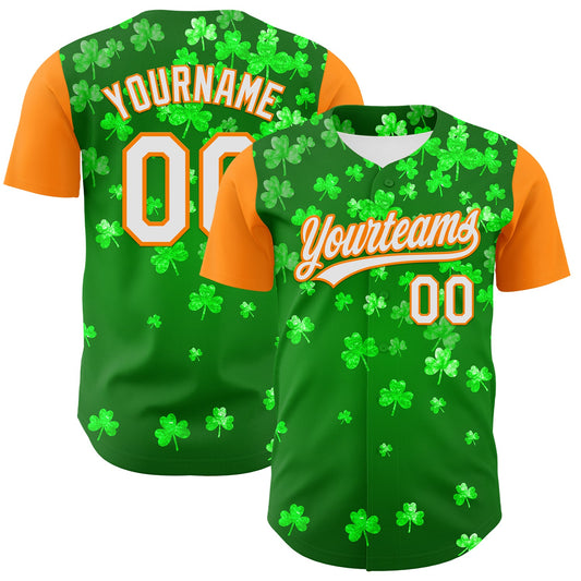 Custom Green White-Bay Orange 3D St. Patrick's Day Shamrock Authentic Baseball Jersey - Sky-Custom