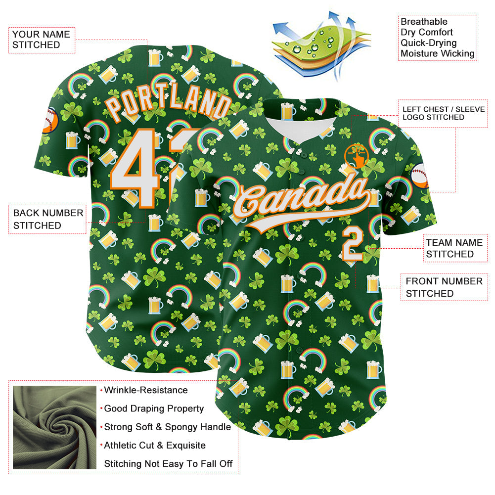 Custom Green White-Bay Orange 3D St. Patrick's Day Shamrock Beer Authentic Baseball Jersey - Sky-Custom