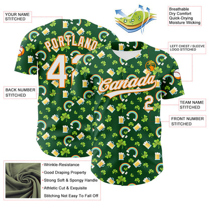 Custom Green White-Bay Orange 3D St. Patrick's Day Shamrock Beer Authentic Baseball Jersey - Sky-Custom