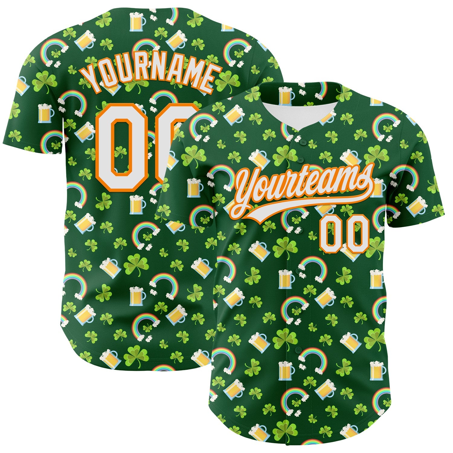 Custom Green White-Bay Orange 3D St. Patrick's Day Shamrock Beer Authentic Baseball Jersey - Sky-Custom